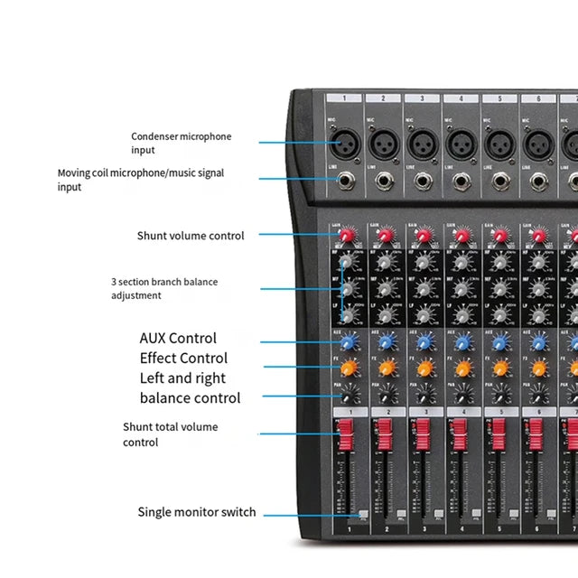 NNEDSZ Hridz CT-80S Professional Audio Mixer – 8 Channels Bluetooth USB Mixer with Effects, 48V Phantom Power, and Built-in Sound Card, 8 Channels Audio Sound Mixer Mixing DJ Console USB with 48V Phantom Power-4